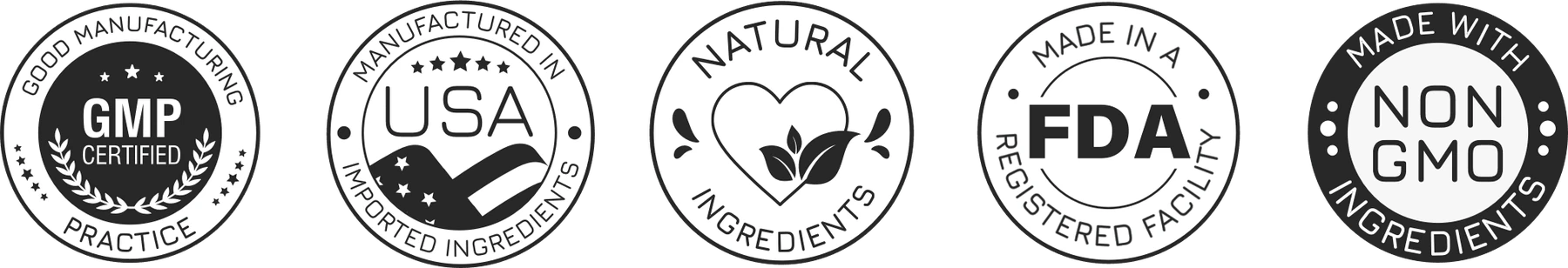 Manufacturing and quality certification badges of the type printed on supplement packaging
