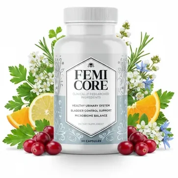 FemiCore women&rsquo;s urinary support capsule bottle surrounded by cranberries, citrus and fresh herbs