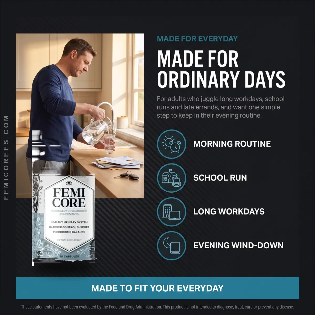 FemiCore made for ordinary days: taking the daily capsule with a large glass of water at home