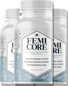 FemiCore three-bottle women&rsquo;s urinary support pack, front-facing
