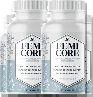 FemiCore six-bottle women&rsquo;s urinary support bundle, front-facing