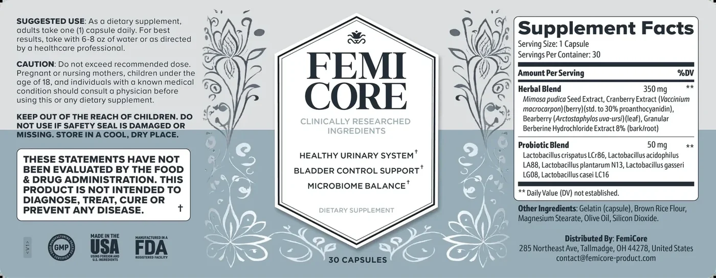 FemiCore supplement facts panel showing the 350 mg Herbal Blend and 50 mg Probiotic Blend, suggested use and other ingredients